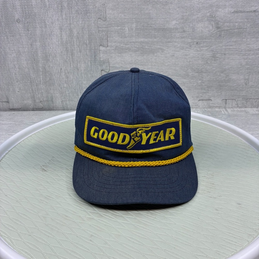 Vintage Goodyear Racing Hat Cap Snapback Yellow Navy Blue Rope Trucker